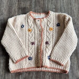 Zara Cream Knit Baby Cardigan with Rust Trim and Multi-Color Flower Embroidery